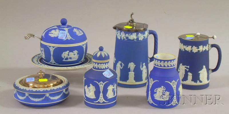 Appraisal: Five Wedgwood Dark Blue Jasper Dip Items and an Adams