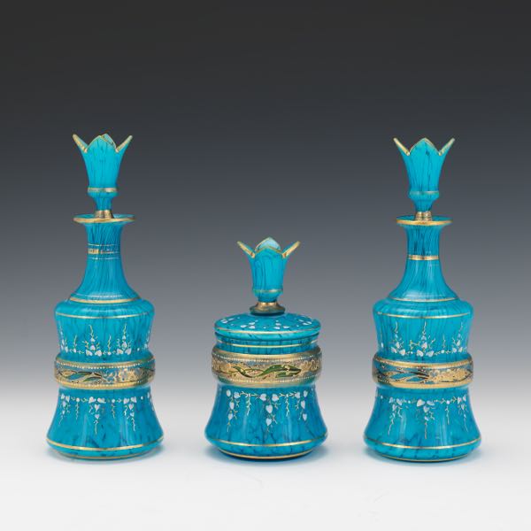 Appraisal: ATTR WEBB ENGLISH GILT FRENCH BLUE OPALINE GLASS VANITY BOTTLES