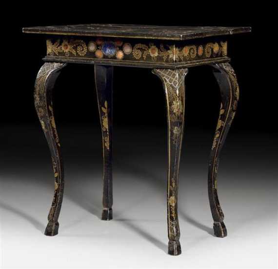 Appraisal: LACQUER SALON TABLE WITH PIETRA DURA INLAY Baroque probably German