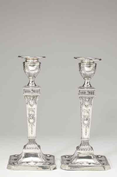 Appraisal: Pair of English Silver Adamesque Candlesticksmade in Sheffield by George