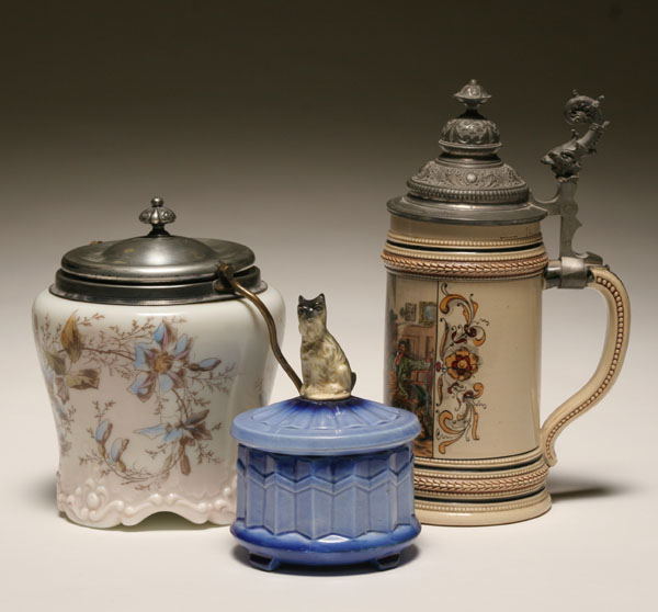 Appraisal: Ceramics grouping with stein and jars German hand painted liter