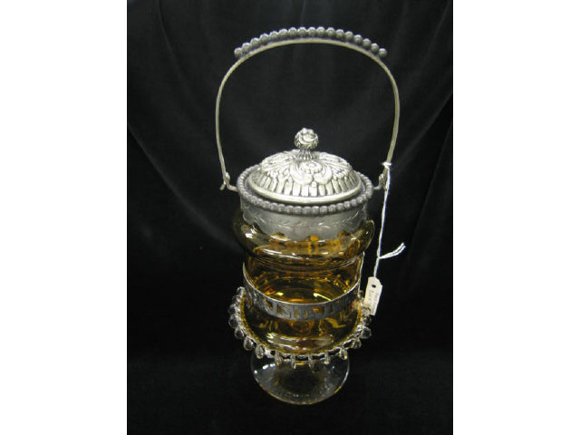 Appraisal: Silverplate Amber Art Glass Pickle Castor clear pedestal base swing