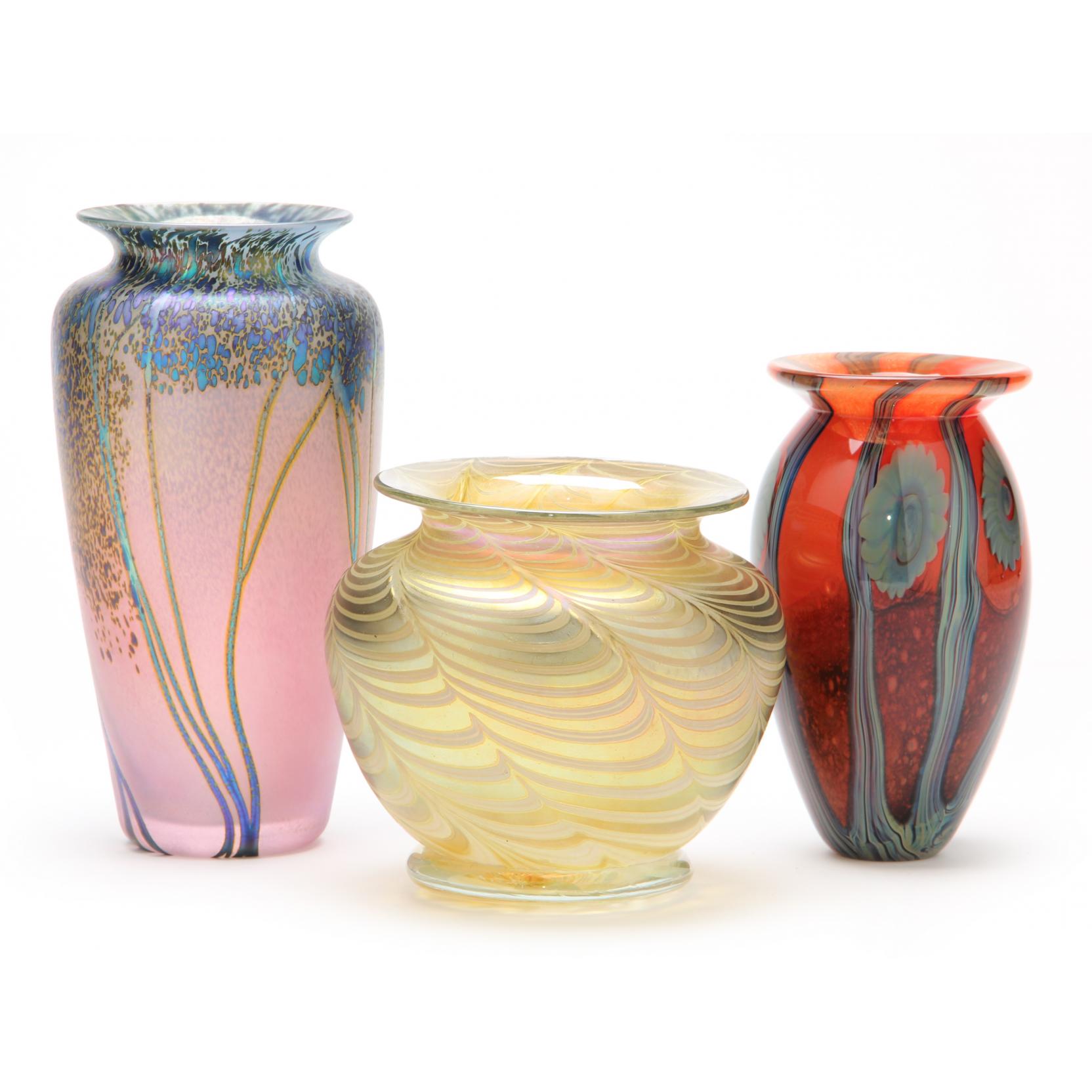 Appraisal: Three Contemporary Art Glass Vases including a Peet Robison pink