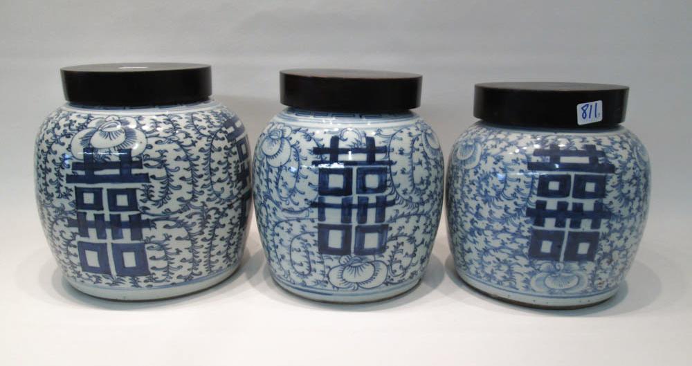 Appraisal: SET OF THREE CHINESE BLUE AND WHITE PORCELAIN LIDDED JARS