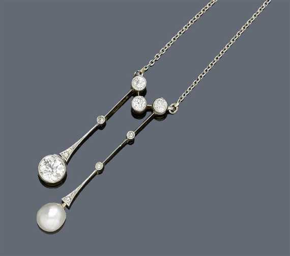 Appraisal: DIAMOND AND PEARL NECKLACE ca Platinum and yellow gold Enchanting