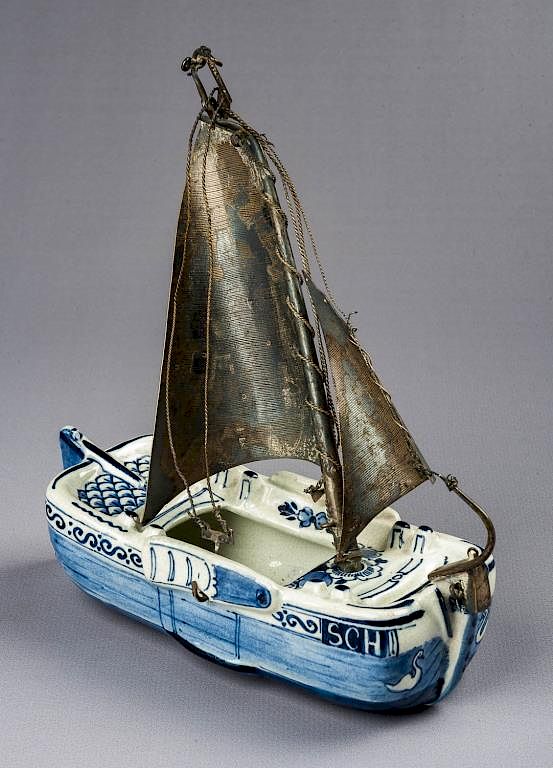 Appraisal: Delft De Porcelyn Fles Hand Painted Fishing Boat DESCRIPTION Unusual