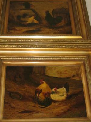 Appraisal: ENGLISH SCHOOL Chickens in a Barn a pair signed with