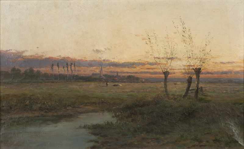 Appraisal: Dutch landscape with distant village at sunset oil on canvas