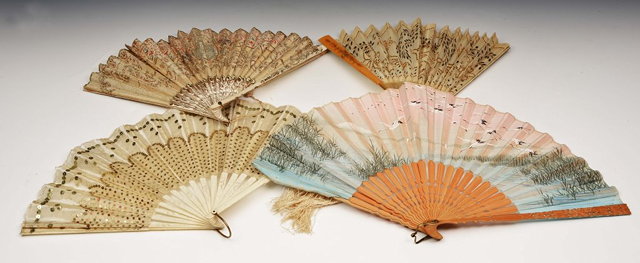 Appraisal: A BONE SILK AND GILT METAL FAN with bone carved