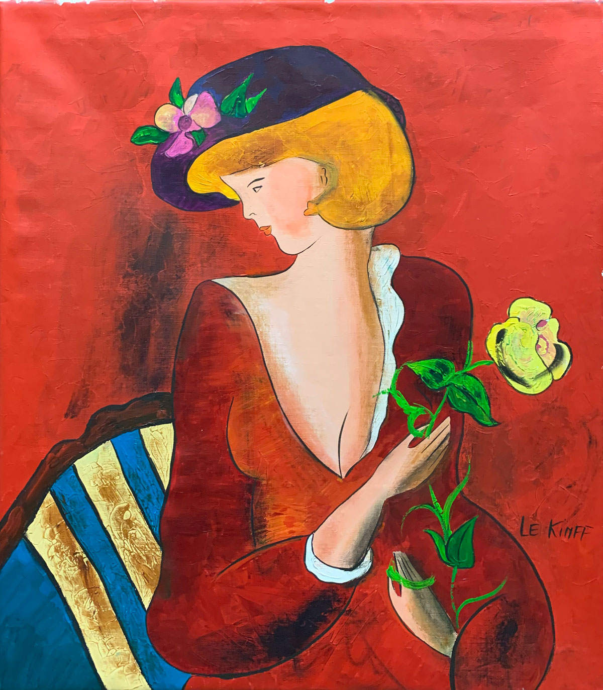 Appraisal: LE KINFF Linda France ''Young Beauty with Yellow Rose'' Oil