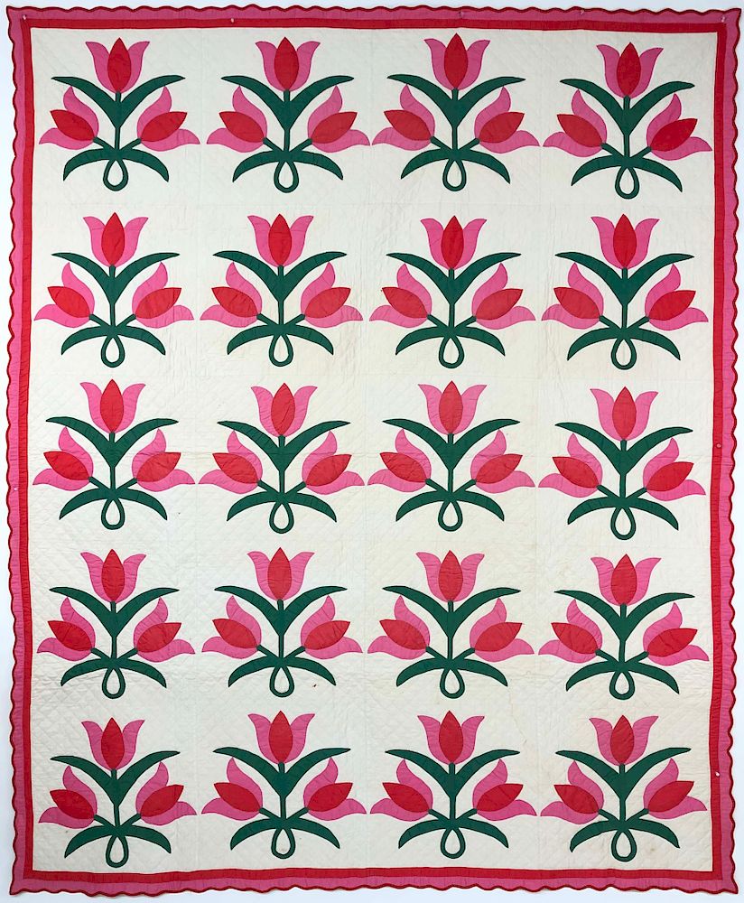 Appraisal: Red and Pink Tulip Applique Quilt with Red and Pink