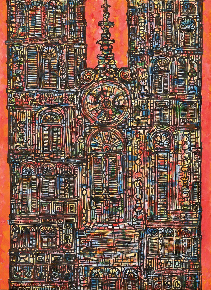 Appraisal: Ren Portocarrero Cuban - Catedral en Rojo Signed PORTOCARRERO l