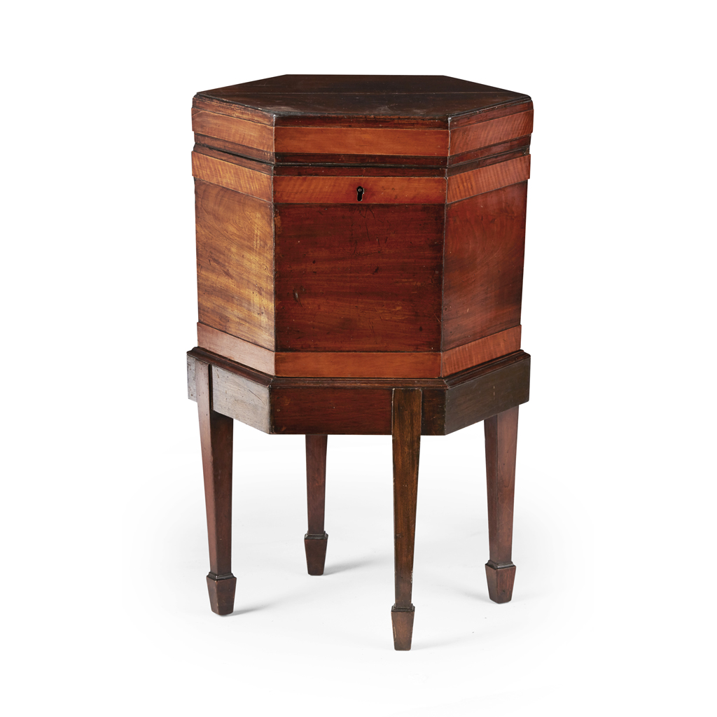 Appraisal: GEORGE III MAHOGANY AND SATINWOOD HEXAGONAL WINE COOLER TH CENTURY