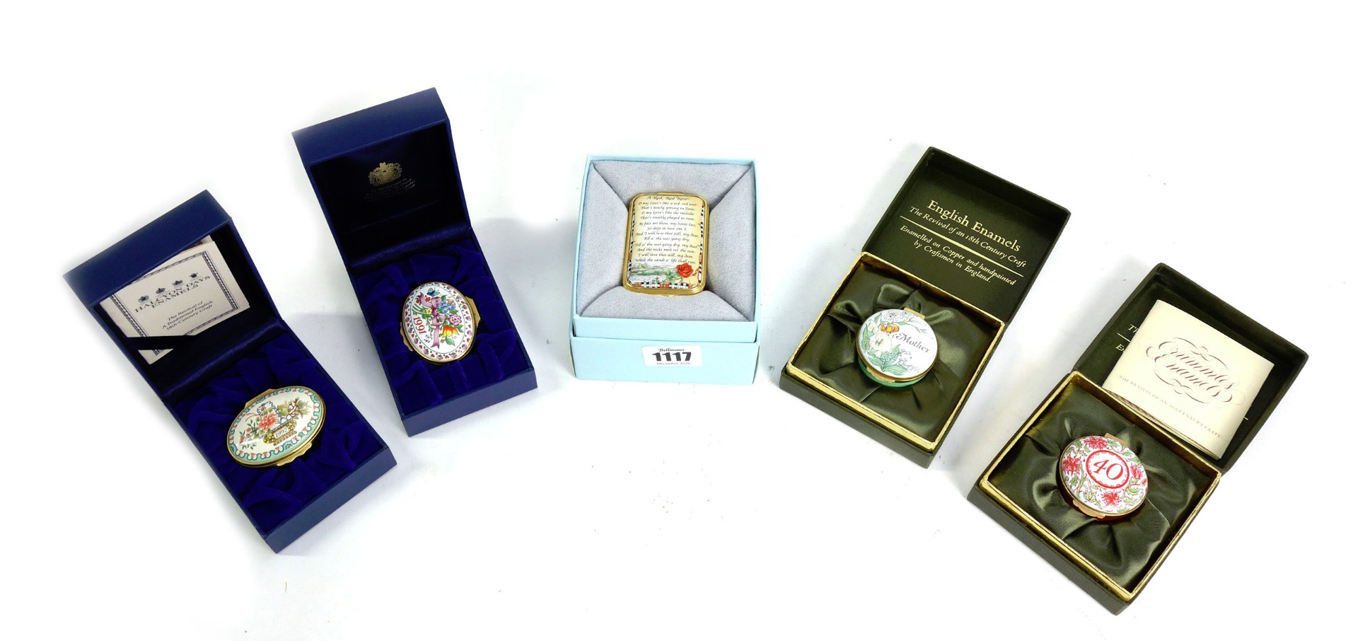 Appraisal: Five Halcyon days enamel boxes including a Robert Burns th