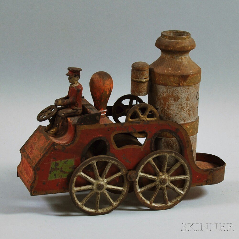 Appraisal: Antique Wood and Sheet Metal Friction-driven Fire Pumper Wagon Toy