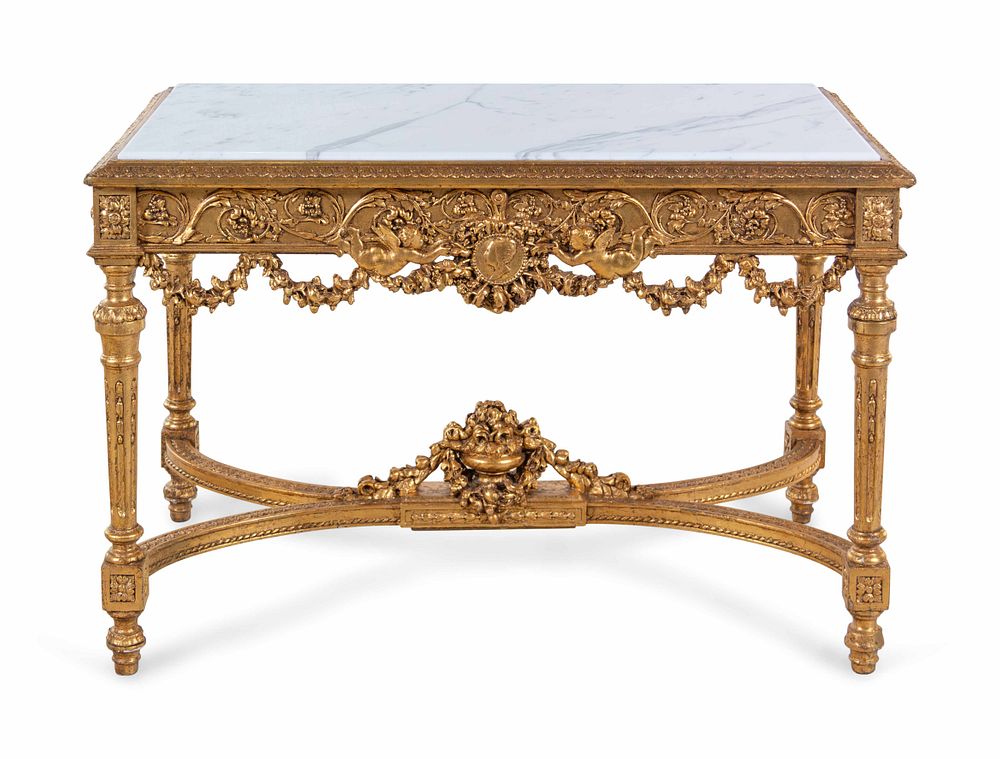 Appraisal: A Louis XVI Style Carved Giltwood Marble-Top Center Table A