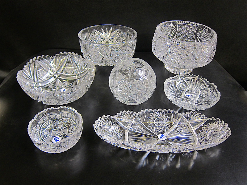 Appraisal: EIGHT CUT CRYSTAL BOWLS VASES AND DISHES in various hobstar