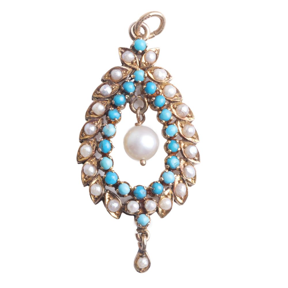 Appraisal: Antique K yellow gold pearl and turquoise teardrop pendant dwt