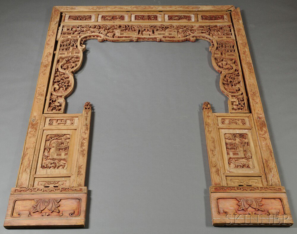 Appraisal: Carved Wood Entryway China rectangular with shaped entrance decorated with