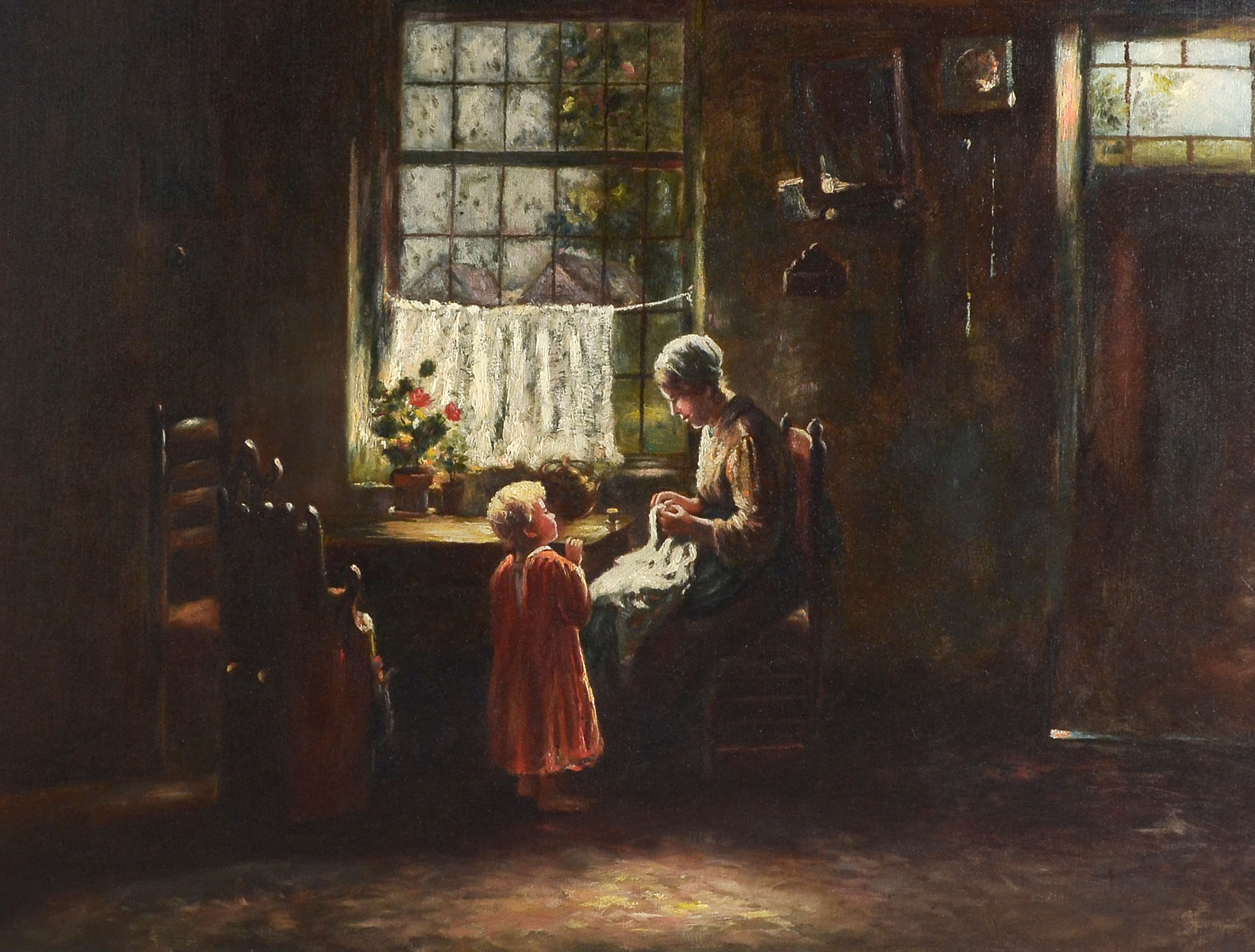 Appraisal: DUTCH GENRE PAINTING WITH MOTHER AND CHILD BY THE WINDOW