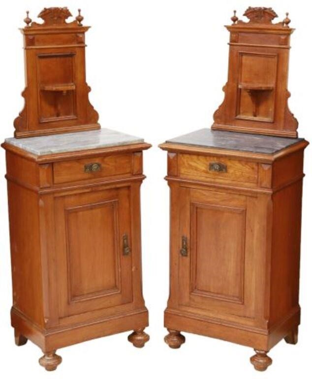 Appraisal: pair Italian marble-top walnut nightstands th c raised backsplash with