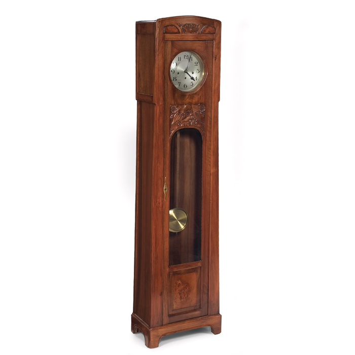 Appraisal: Art Nouveau hall clock in walnut carved floral detail at