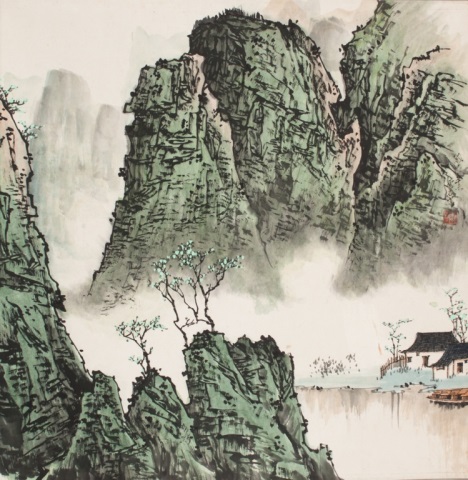 Appraisal: Chinese scroll ink and rice paper depicting mountainous landscape with