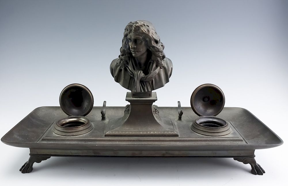 Appraisal: Barbedienne Signed Bronze Moliere Double Inkwell Antique cast bronze inkwell