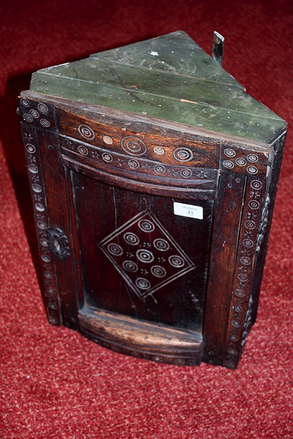 Appraisal: AN OLD OAK MINIATURE CORNER CABINET with green painted interior