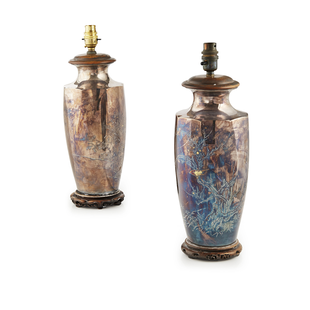 Appraisal: PAIR OF SILVERED BRONZE VASES CONVERTED TO LAMPS SIGNED ISSHO