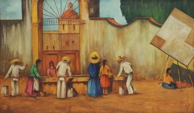 Appraisal: Framed oil on canvas painting Street Scene with City Gate