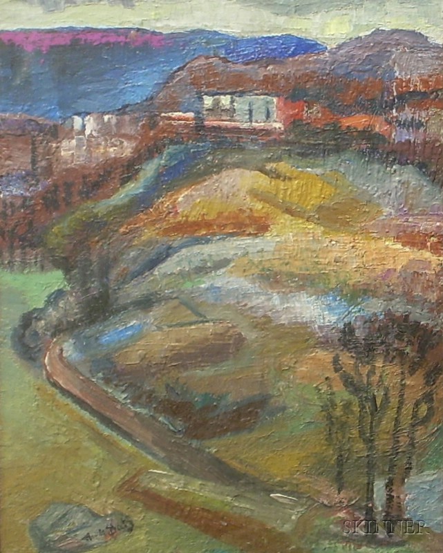 Appraisal: American School th Century Expressionist Landscape with Houses on a