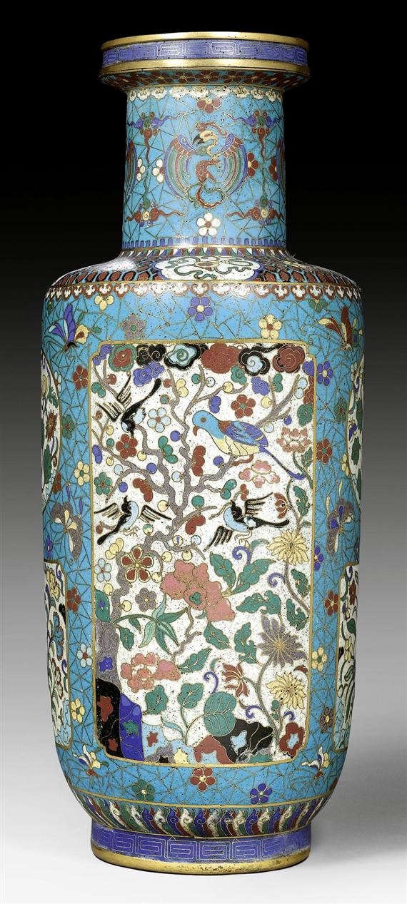 Appraisal: A CLOISONN MALLET VASE WITH FLOWER RESERVES ON TURQUOISE BROKEN