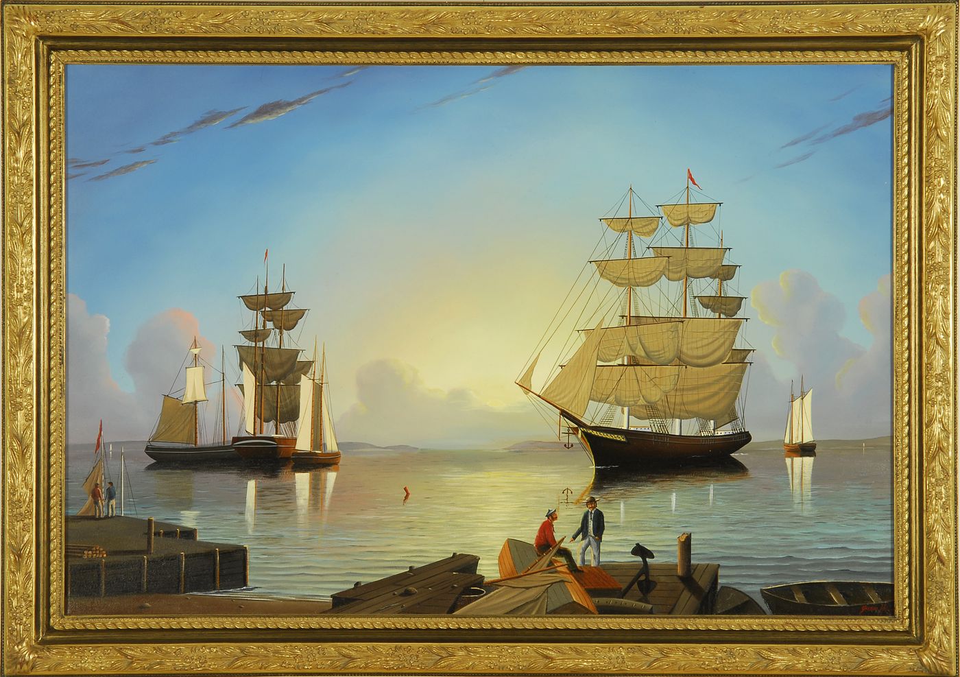 Appraisal: JEROME HOWESAmerican b Boston Harbor at sunrise with figures on