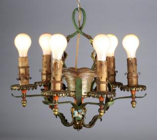 Appraisal: French art glass 'basket' chandelier ca Art glass and paint