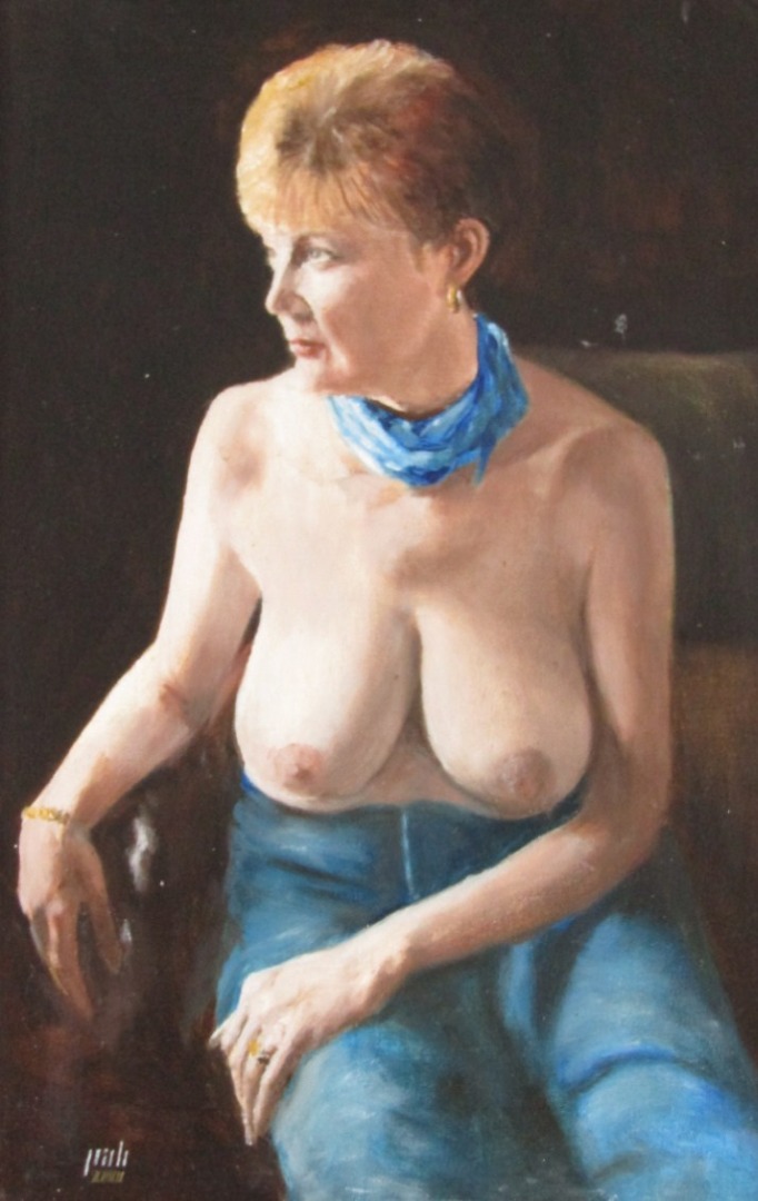 Appraisal: Percival A Bates Nude study - blue scarf oil on