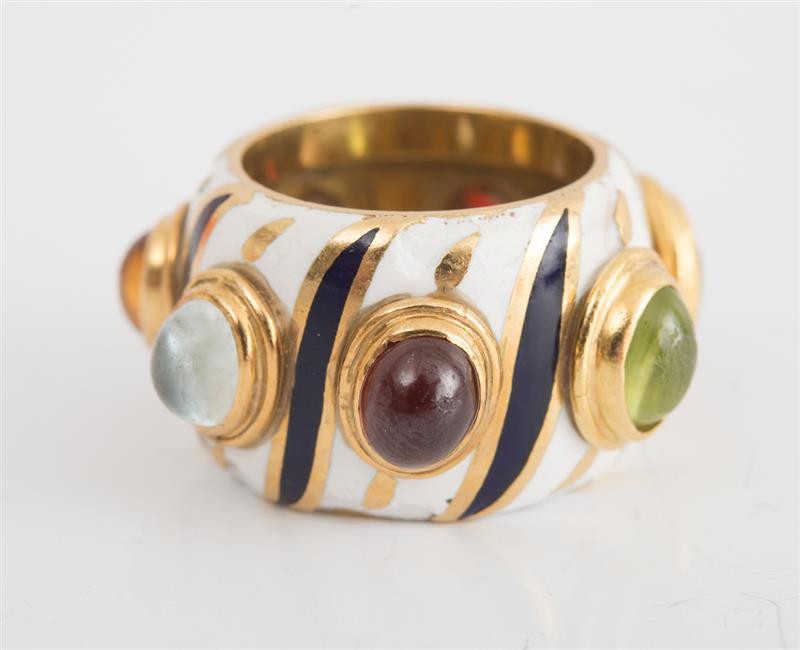 Appraisal: K YELLOW GOLD ENAMEL AND SEMI-PRECIOUS STONE RING Stamped 'SB'