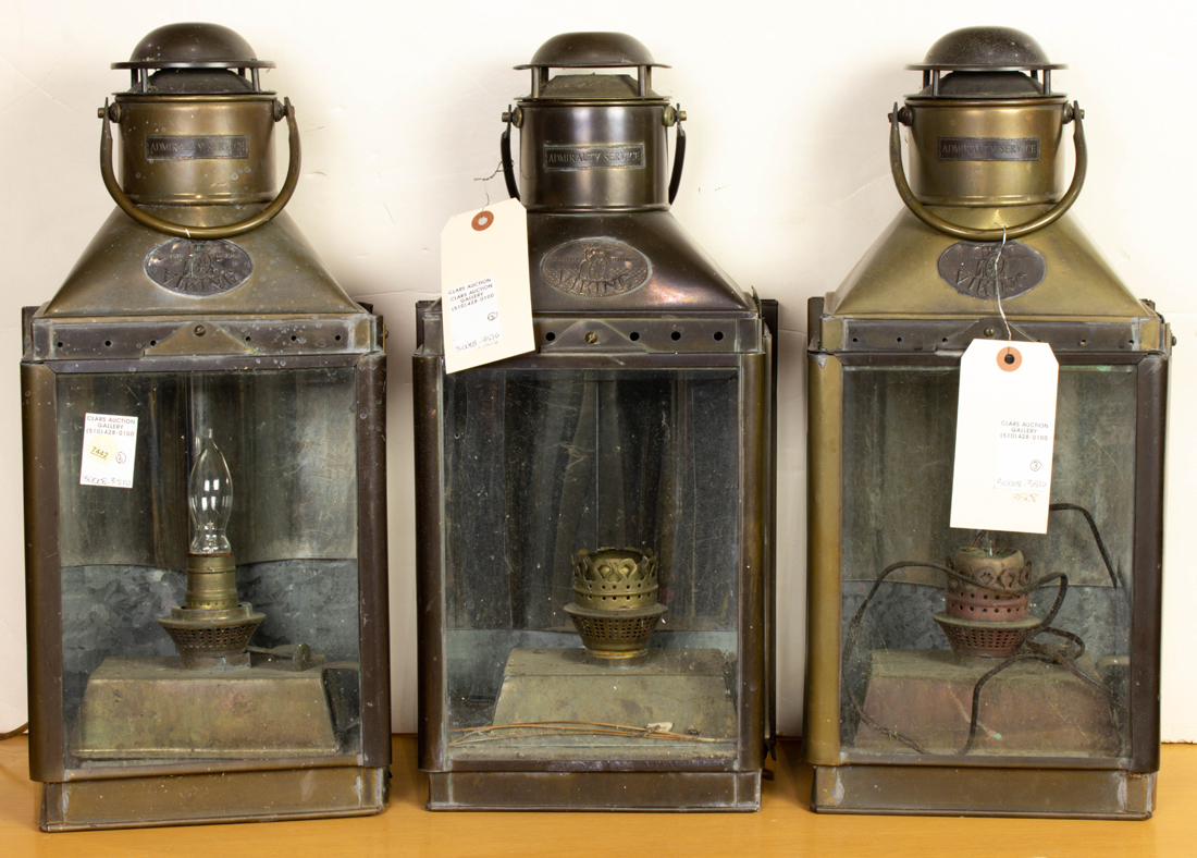 Appraisal: Set of Viking brass and glass oil lanterns each labled