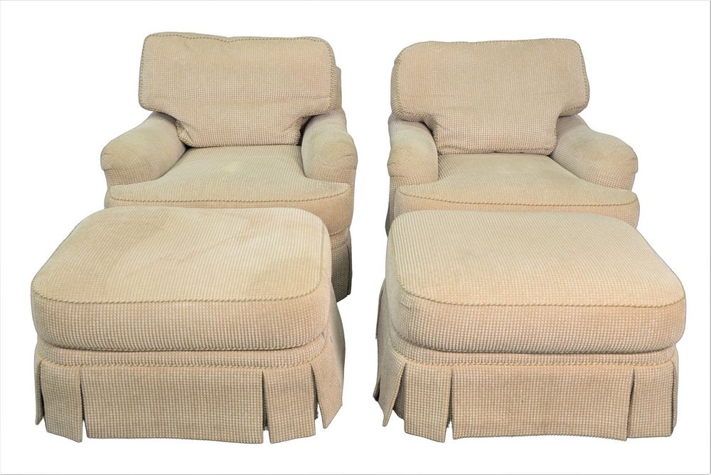 Appraisal: Pair of Hickory White Upholstered Easy Chairs and Ottomans height