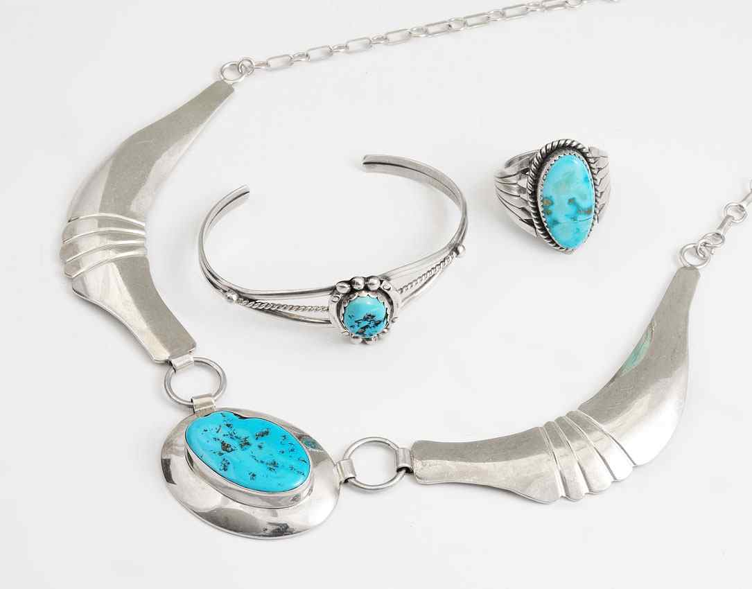 Appraisal: NATIVE AMERICAN INDIAN STERLING SILVER TURQUOISE JEWELRY Contemporary creations to