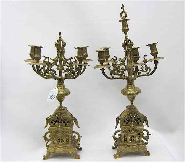 Appraisal: PAIR FRENCH STYLE BRASS CANDELABRA having five arms and raised