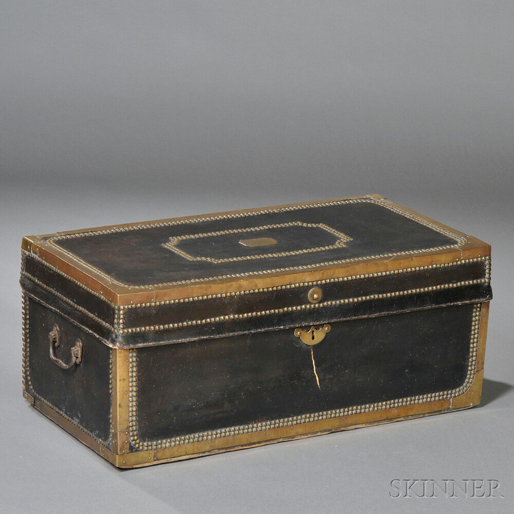 Appraisal: Brass-bound Leather-covered Camphorwood-lined Trunk China mid- th century rectangular trunk