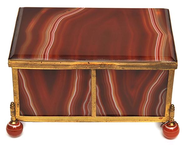 Appraisal: A RED BANDED AGATE AND GILT METAL BOX rectangular the