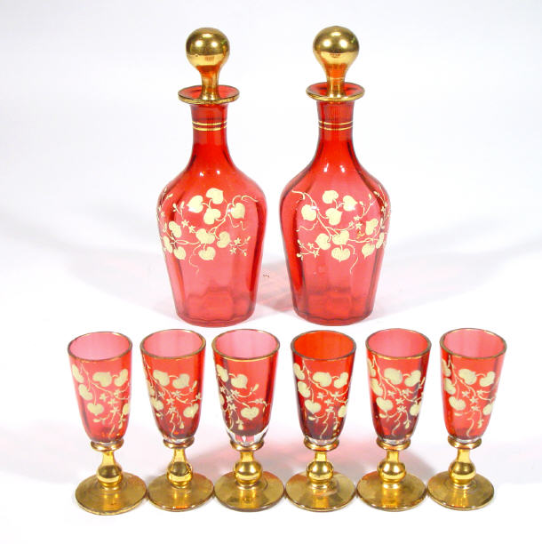 Appraisal: Pair of Victorian Cranberry glass decanters and stoppers together with