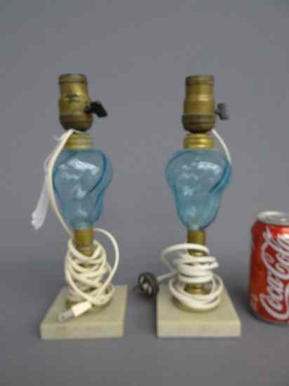 Appraisal: Pair early blue glass whale oil lamps electrified '' Ht