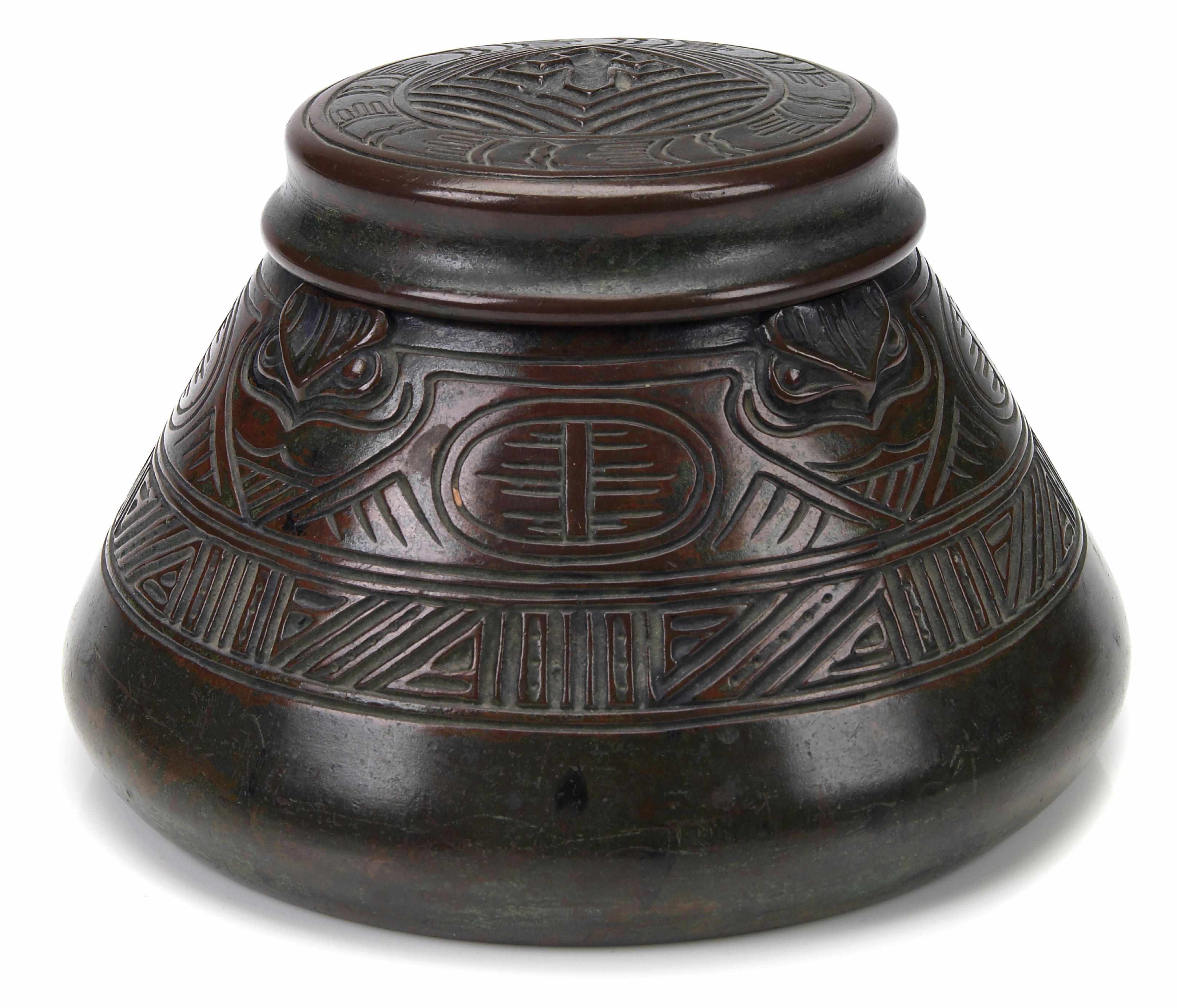 Appraisal: A Tiffany Studios patinated bronze American Indian inkwell circa circa