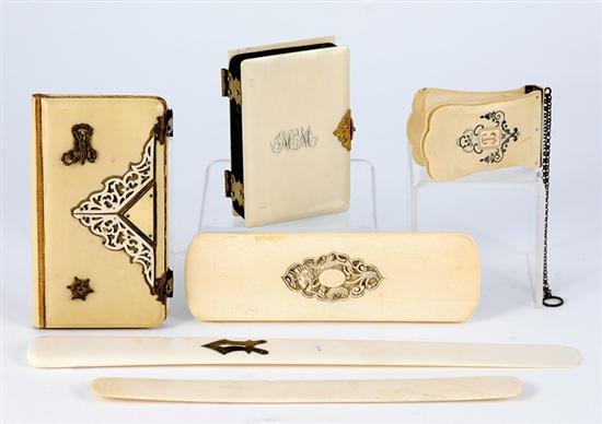 Appraisal: Collection of carved and inlaid ivory objects late th century