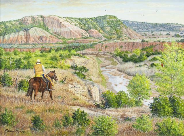 Appraisal: Framed oil painting on canvas Rider at the Palo Duro