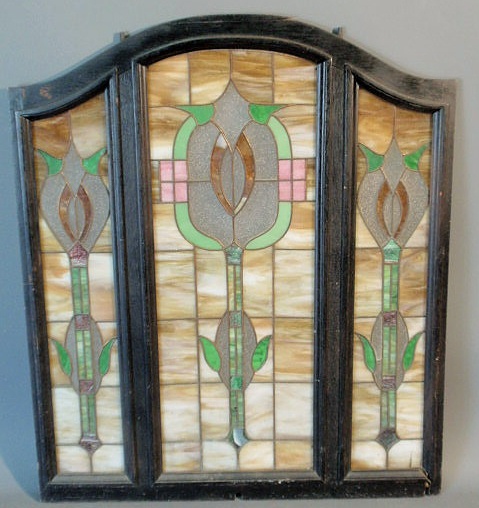 Appraisal: Lead glass fireplace screen late th c oak framed h