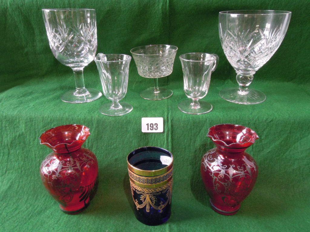 Appraisal: Two Victorian style cranberry glasses three Bristol Blue beakers with